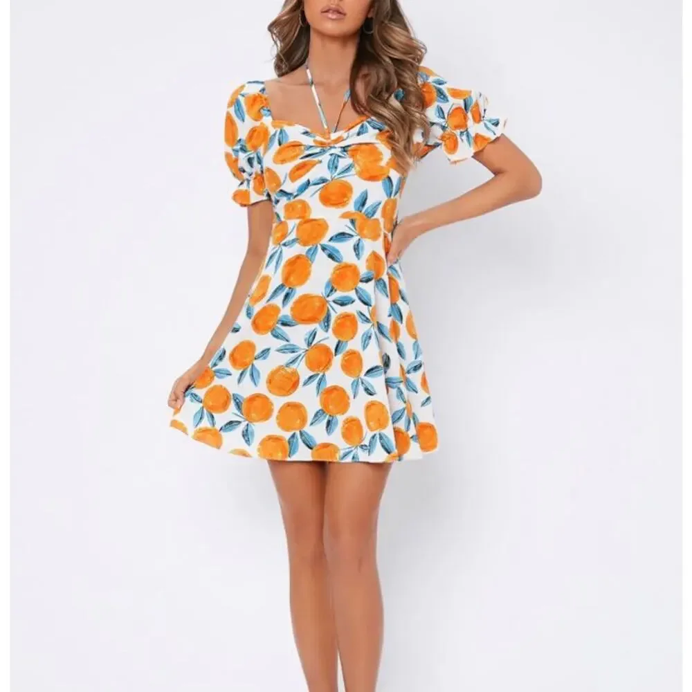 Shein Citrus Clementine Orange Puff Sleeve Mini Dress Medium Summer - Picture 7 of 10